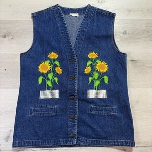 Embroidered Sunflower Longline Denim Vest, Estimated Large